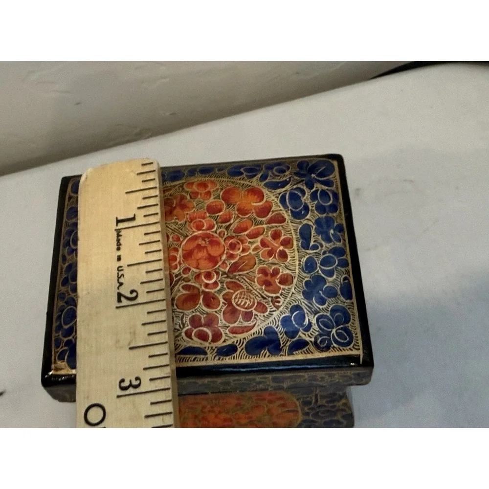 Vintage Papier Mache Enamel Box w Lid Ornate Letter Storage Keepsakes Small Blk